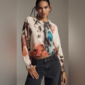 Anthropologie Cream Abstract Crew Neck Sweater